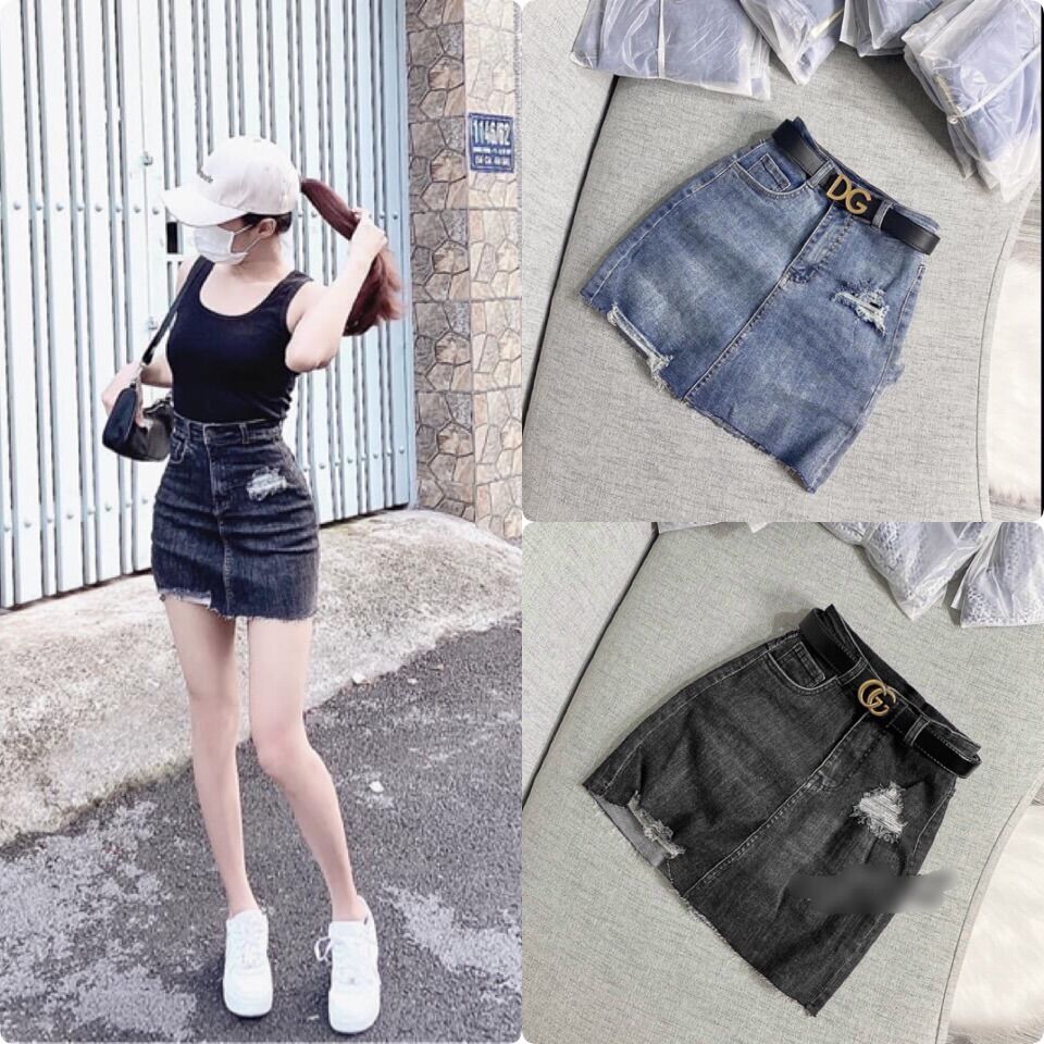 Chân váy quần jean / kaki rách co giãn lưng siêu cao màu dơ