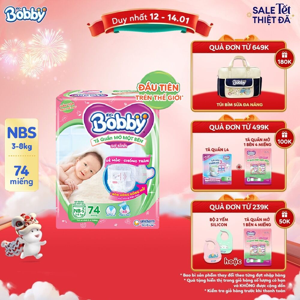 Tã/bỉm quần Mở Một Bên Bobby size NB-S 74 miếng