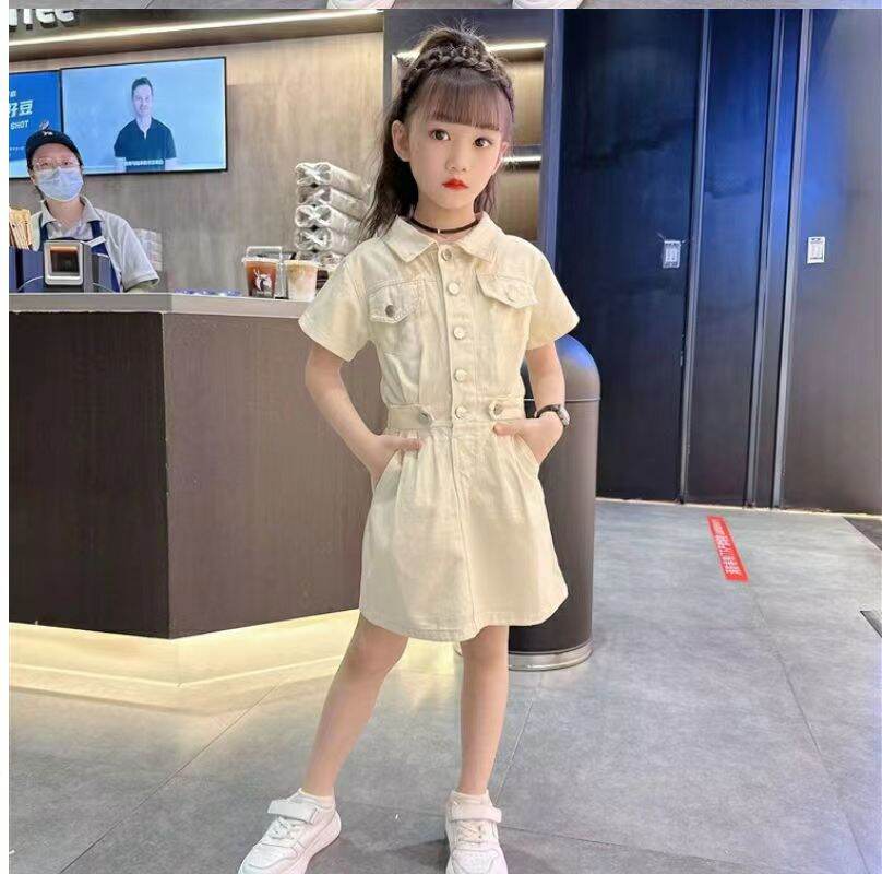 Dễ Thương Bé Gái Mùa Hè Đầm Tay Ngắn Thời Trang, Sành Điệu Quần Áo Trẻ Em Chân Váy Midi Dáng Chữ A Cotton, Vải Bông Đầm Es Dành Cho Bé Gái Từ 4-16 Tuổi