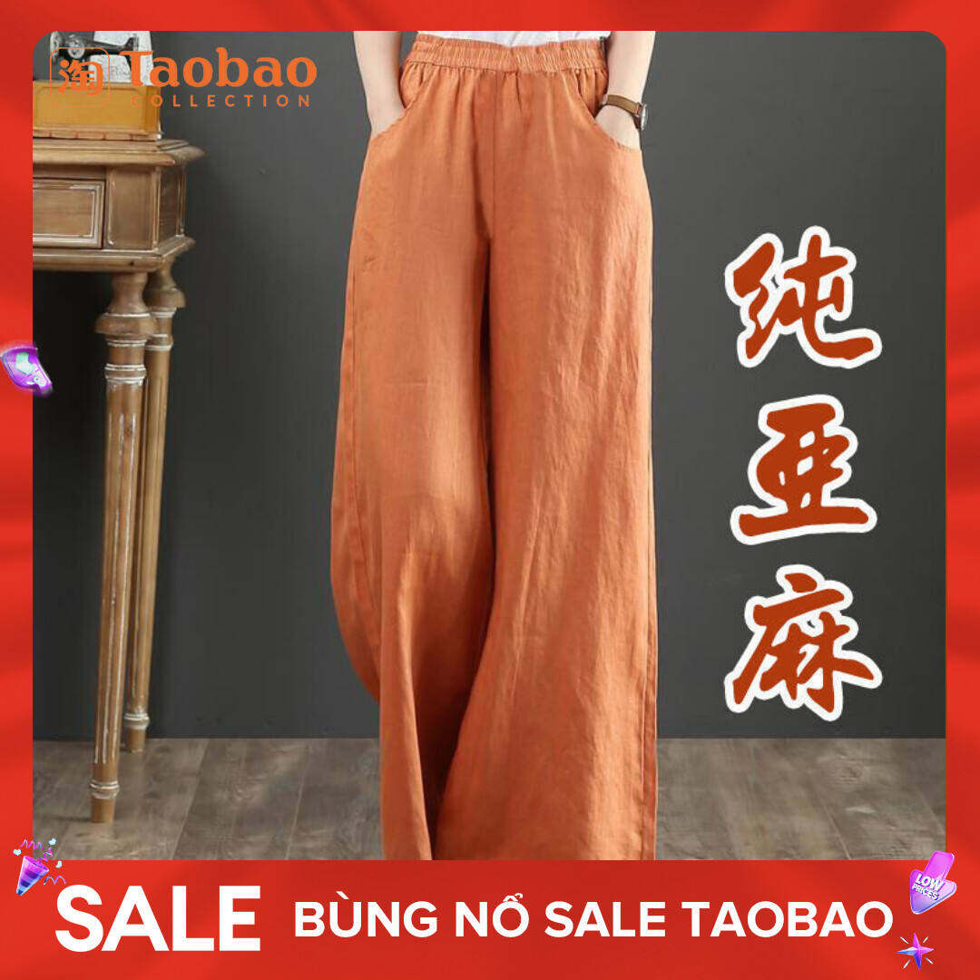 Quần Ống Rộng Cỡ Lớn Vải Lanh Nguyên Chất Quần Dài Xuân Thu Hè Vải Lanh Cotton Cạp Chun Dây Rút Quần Nữ Ống Đứng Rộng Rãi