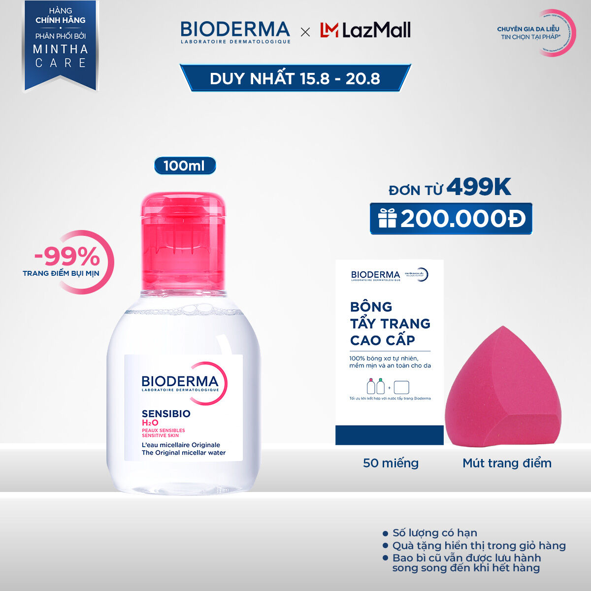 Dung dịch làm sạch và tẩy trang micellar cho da thường và da nhạy cảm Bioderma Sensibio H2O - 100ml