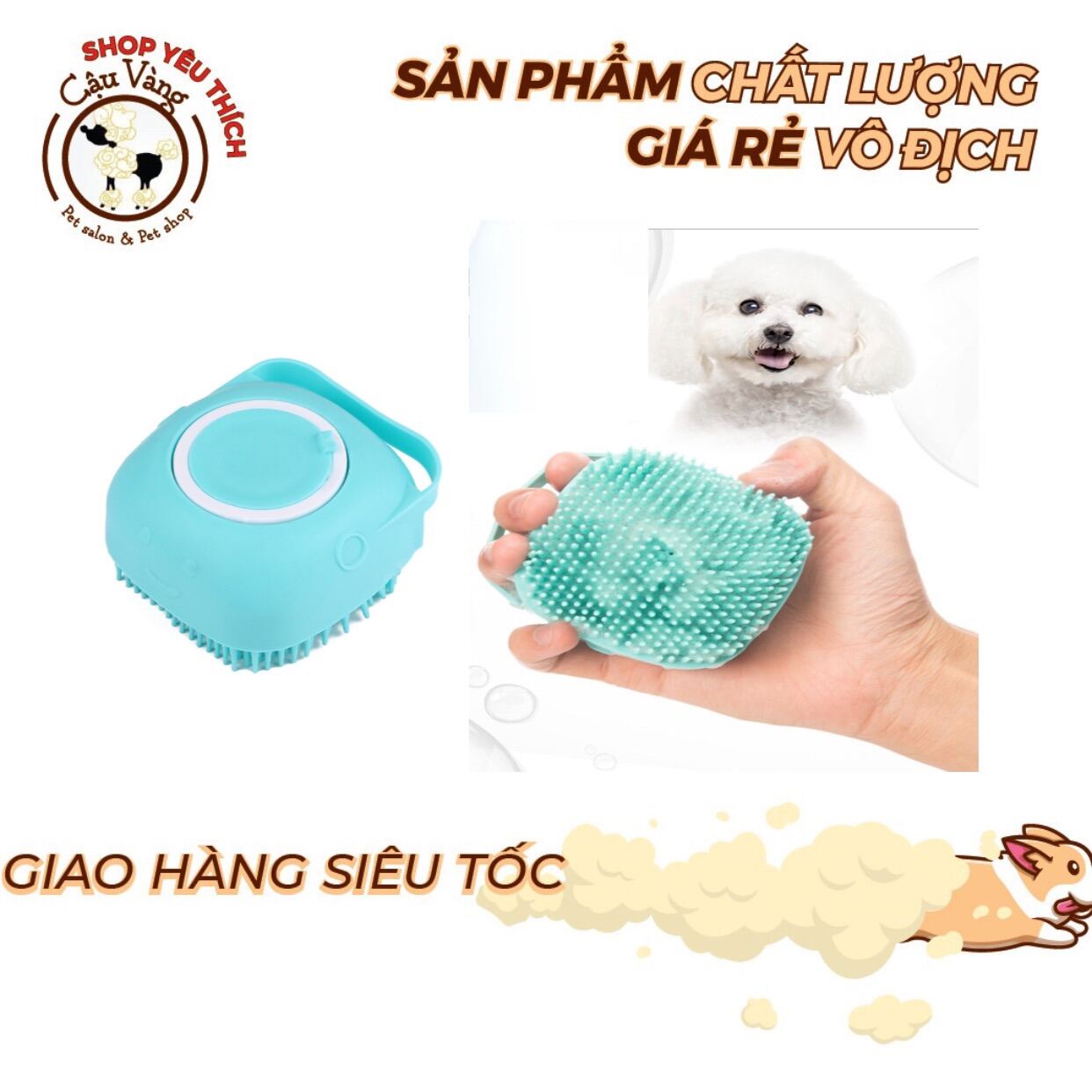 Bàn Chải Tắm/Bông Tắm Silicon Tạo Bọt Matxa Cho Chó Mèo có Chỗ Đựng Sữa Tắm