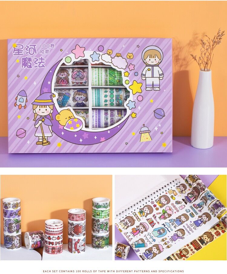 Hộp 100 Cuộn Washi Tape Dễ Thương (Có Tách Lẻ 20 Cuộn)