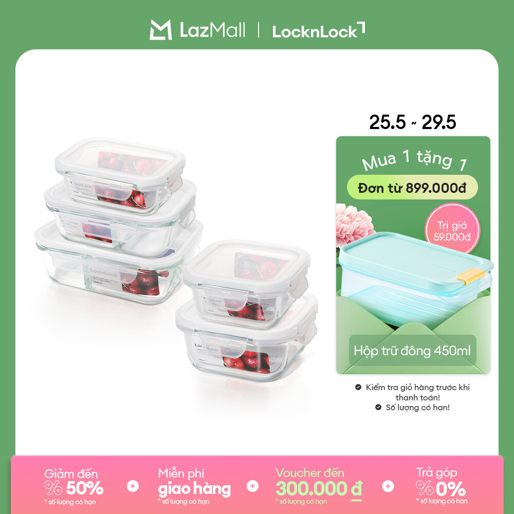 Bộ 5 Hộp Đựng Thực Phẩm Thủy Tinh LocknLock LLG Blanc Glass Food Container 320ml  370ml  520ml  640ml  1040ml