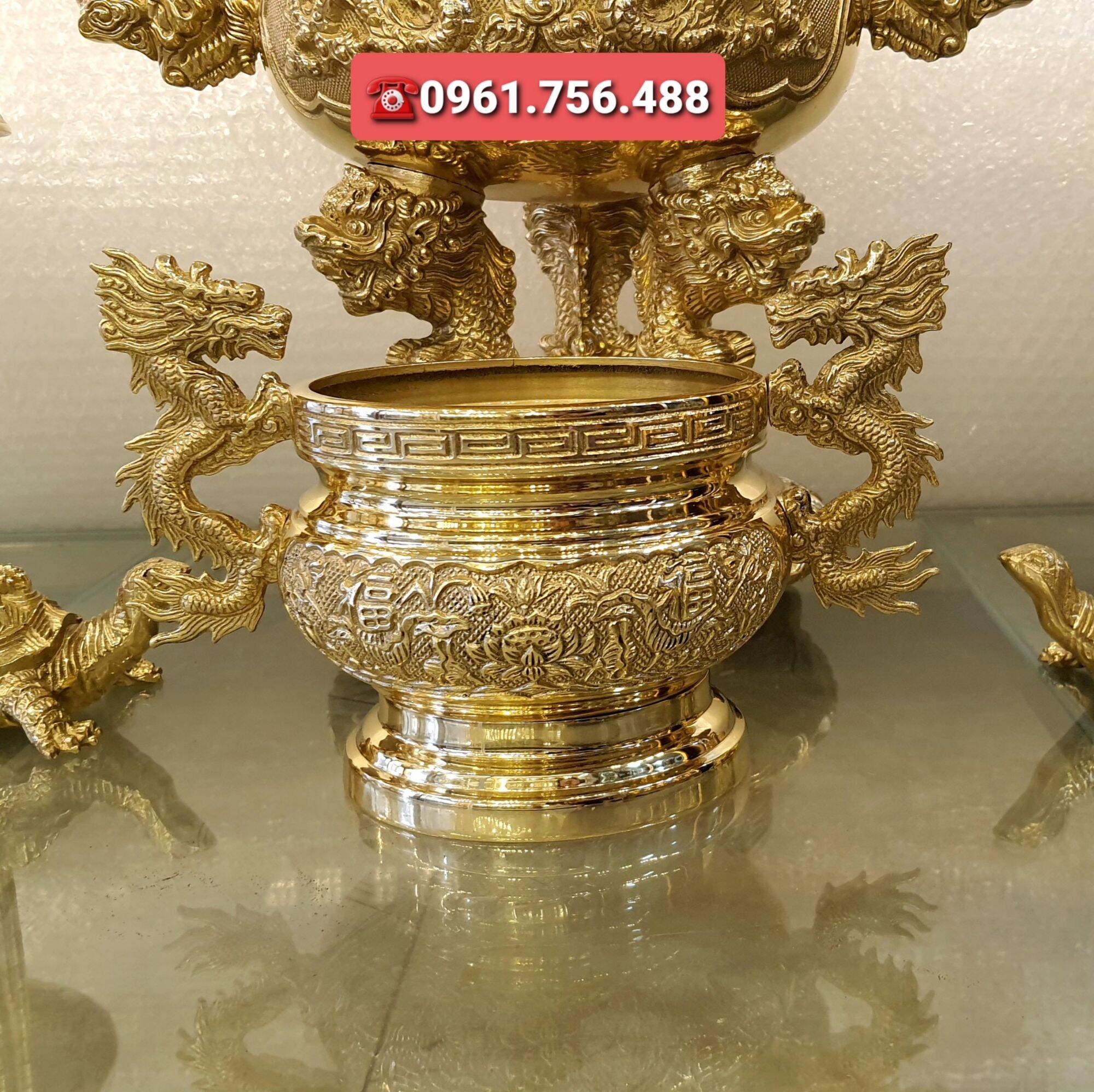 Lư hương tai rồng đồng vàng 15cm