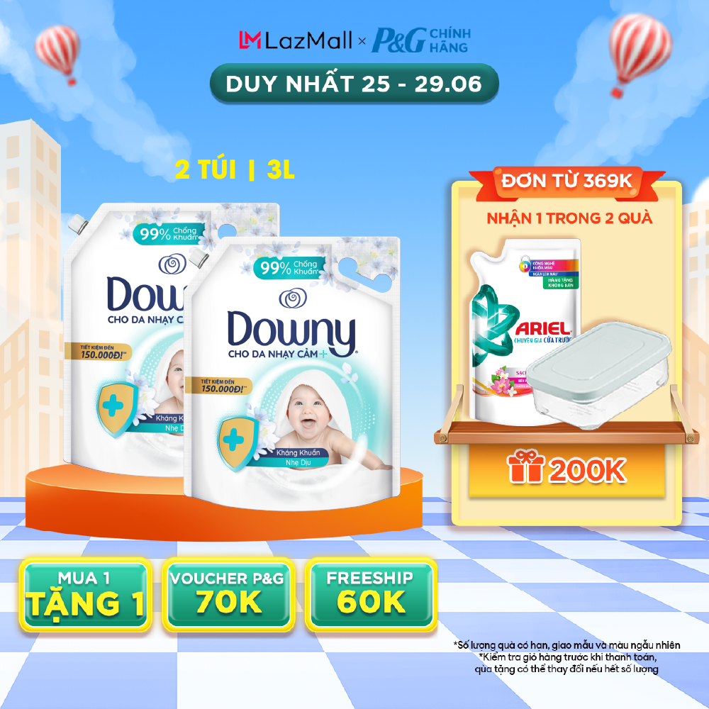 Combo 2 Túi Nước Xả Vải DOWNY Dịu Nhẹ Kháng Khuẩn 3L
