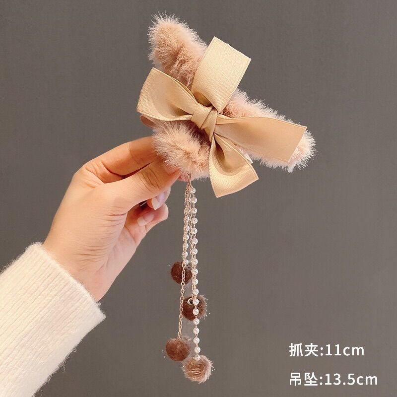 Kẹp tóc nơ phối lông tua rua phong cách Hàn Quốc