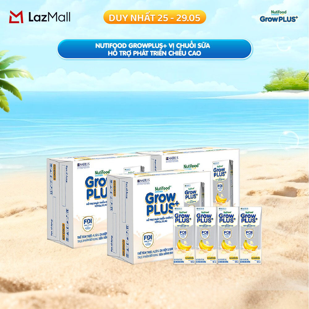 Combo 3 Thùng 24 hộp Sữa bột pha sẵn Nutifood Sweden GrowPLUS+ Vị Chuối Sữa hộp 180ml - Hỗ trợ phát triển chiều cao