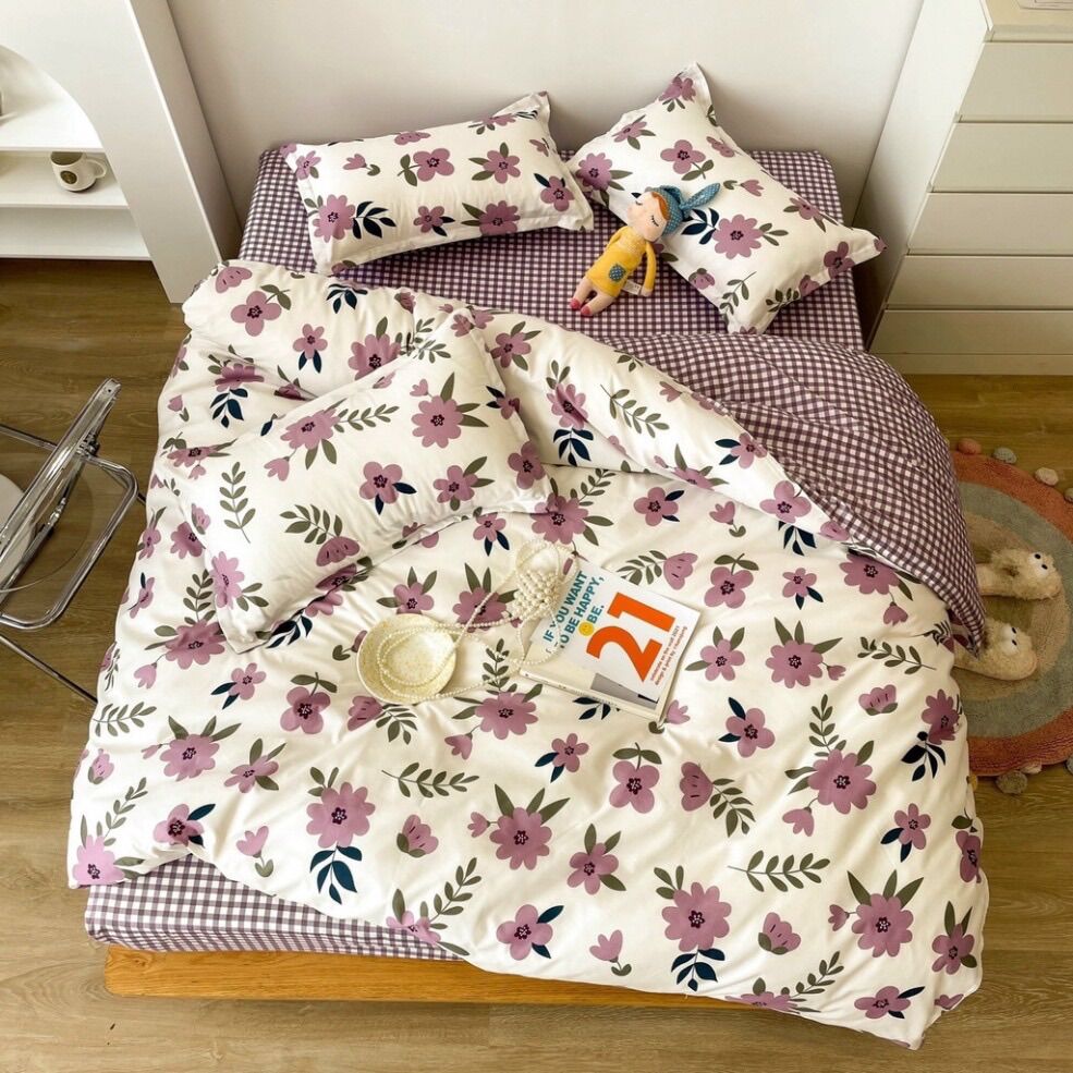 Chăn ga gối cotton poly - Mẫu hoa sim tím.