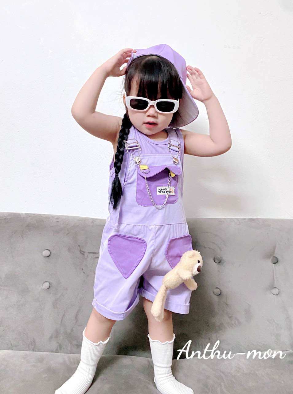 Set yếm tím huế tặng kèm mũ và gấu cho bé gái