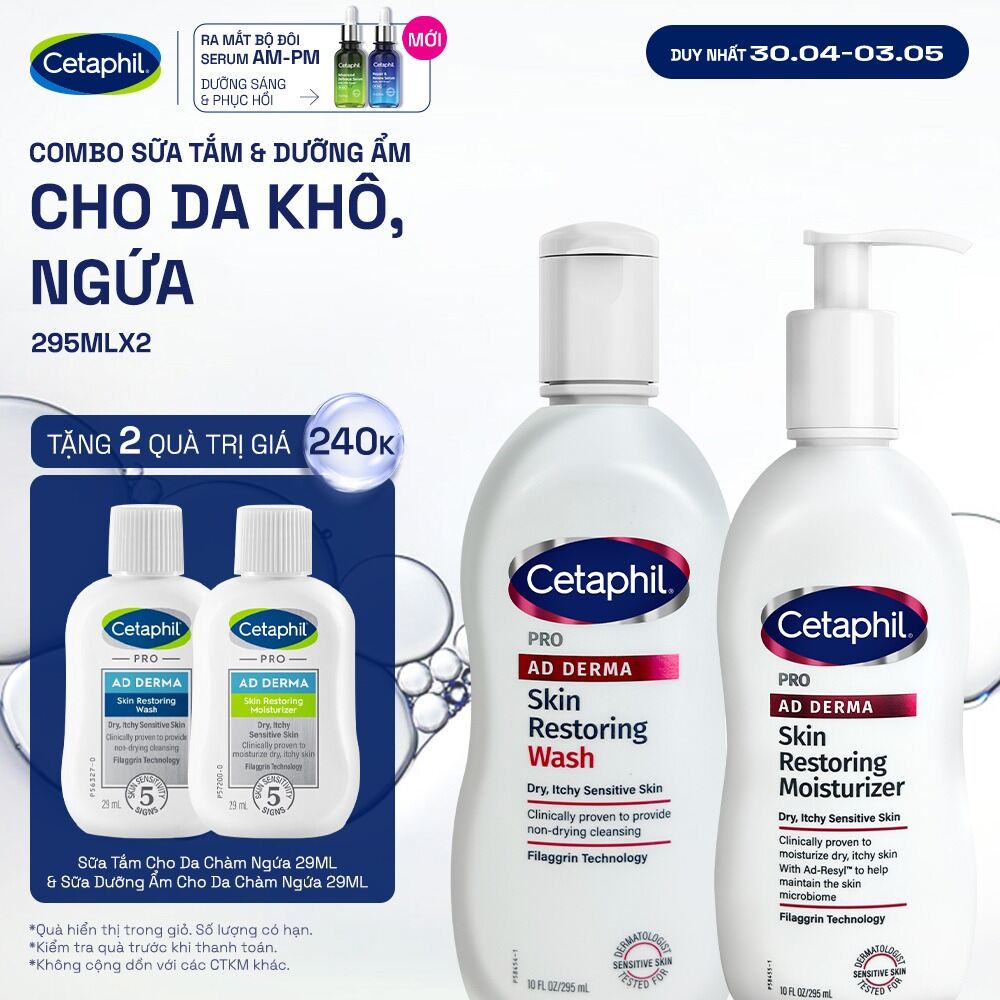 Combo Sữa tắm và Kem dưỡng ẩm dành cho da khô, ngứa Cetaphil Pro AD Derma Wash 295ml + Cetaphil Pro AD Derma Moisturizer 295ml