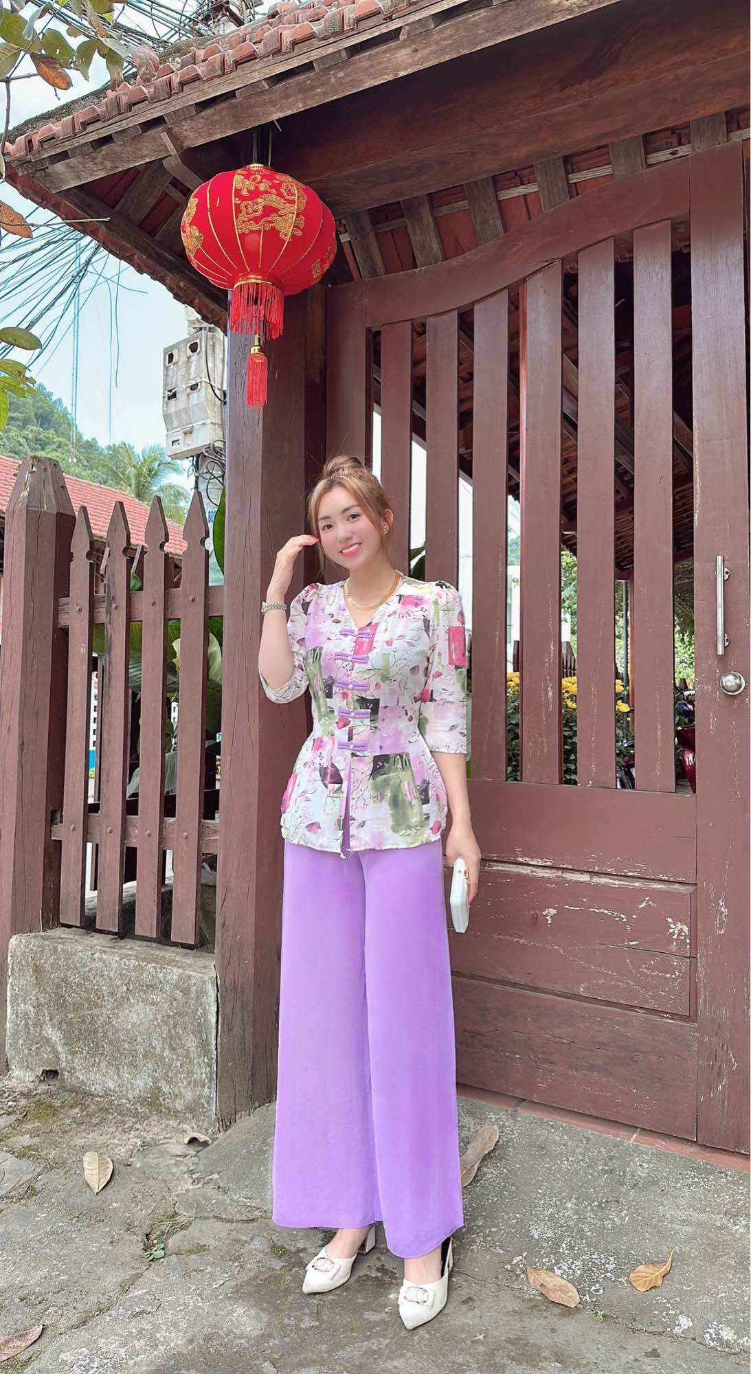 Bộ bà ba cổ tym kết hợp nút thắt vải lụa mango cao cấp áo nữ