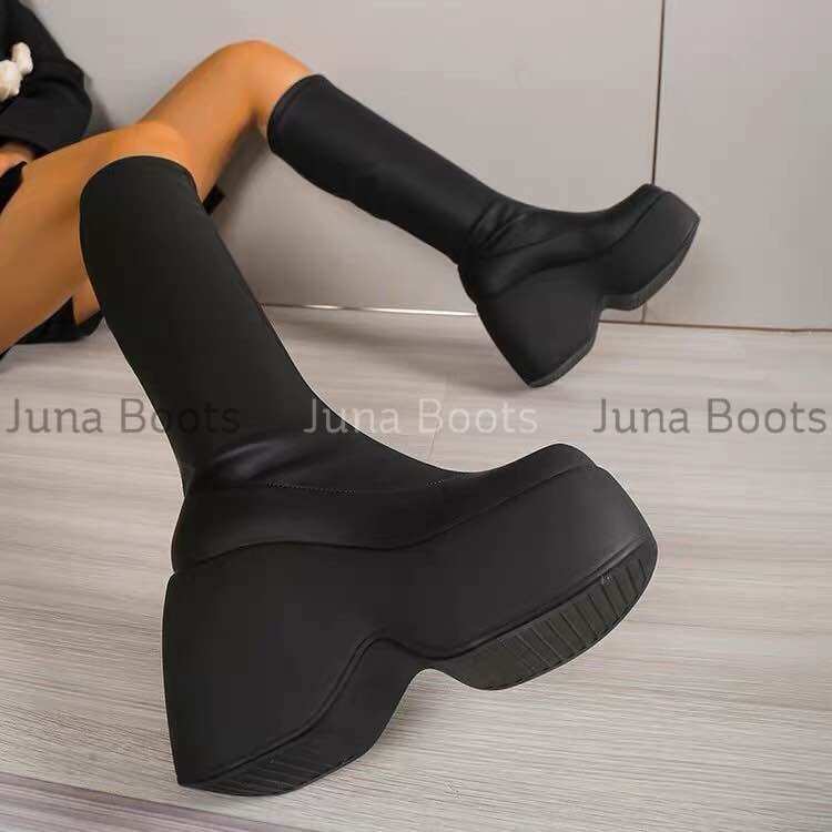 Giày Bốt đùi đế bánh mì siêu nhẹ phong cách Gothic y2k - Boots đế khủng long dày cao 12cm siêu nhẹ