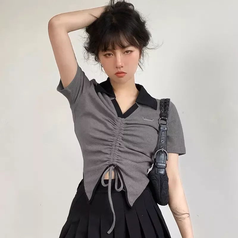 ÁO CROPTOP RÚT DÂY PHỐI 2 MÀU XÁM ĐEN RDV097