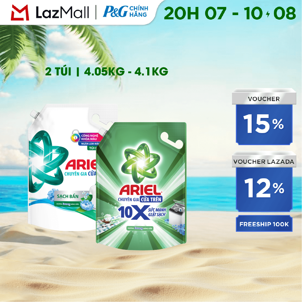 Combo 2 Nước Giặt Cửa Trên ARIEL Ngăn Lem Màu, Quần Áo Siêu Thơm Hương Sạch Sâu Nắng Mai Túi 4.1KG