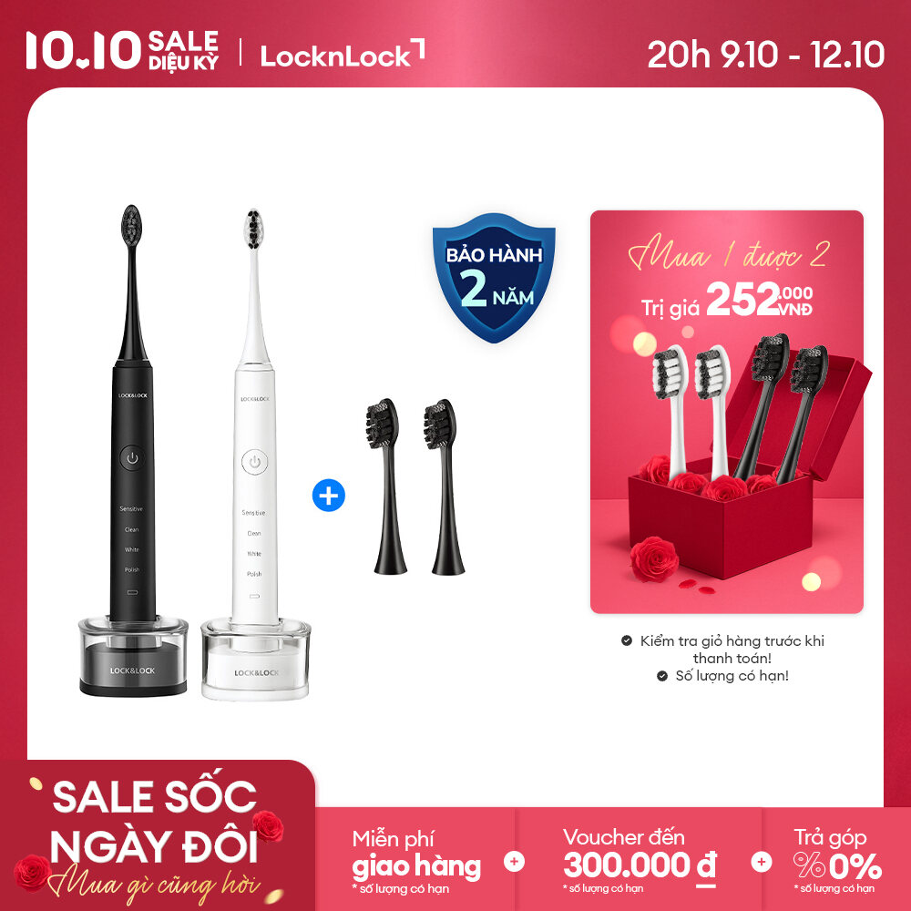 Bàn chải đánh răng điện Lock&Lock ENR346 - Sạc không dây - 4 chế độ làm sạch - tặng kèm hai đầu chải - Hàng chính hãng - Bảo hành 2 năm
