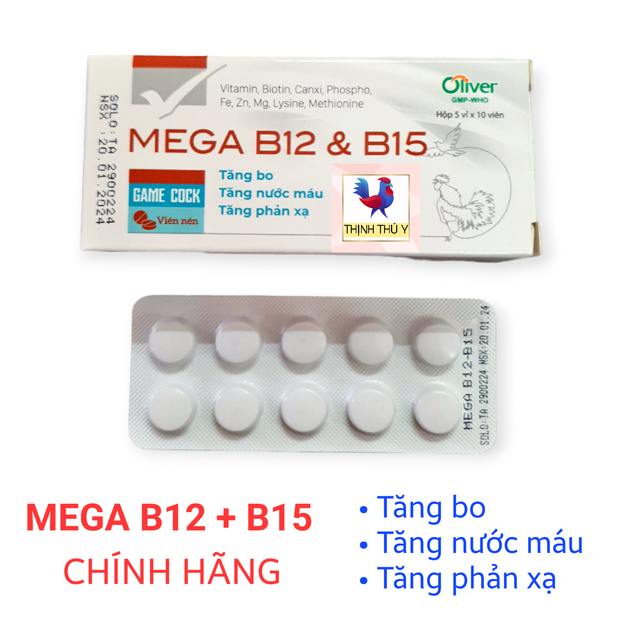 Oliver MEGA B12 B15 (1 Vỉ 10 viên) - Vitamin B12 + B15 chính hãng. Tăng bo, tăng nước máu, tăng phản