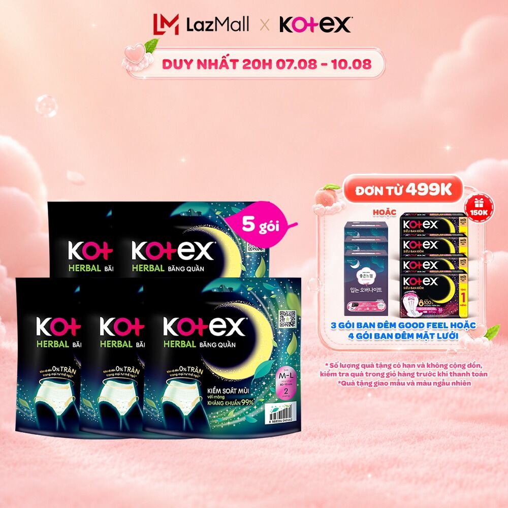 Combo 2/Combo 5/Thùng 16 gói/Băng vệ sinh quần Kotex Ban Đêm Thảo Dược Herbal M-L 2 miếng