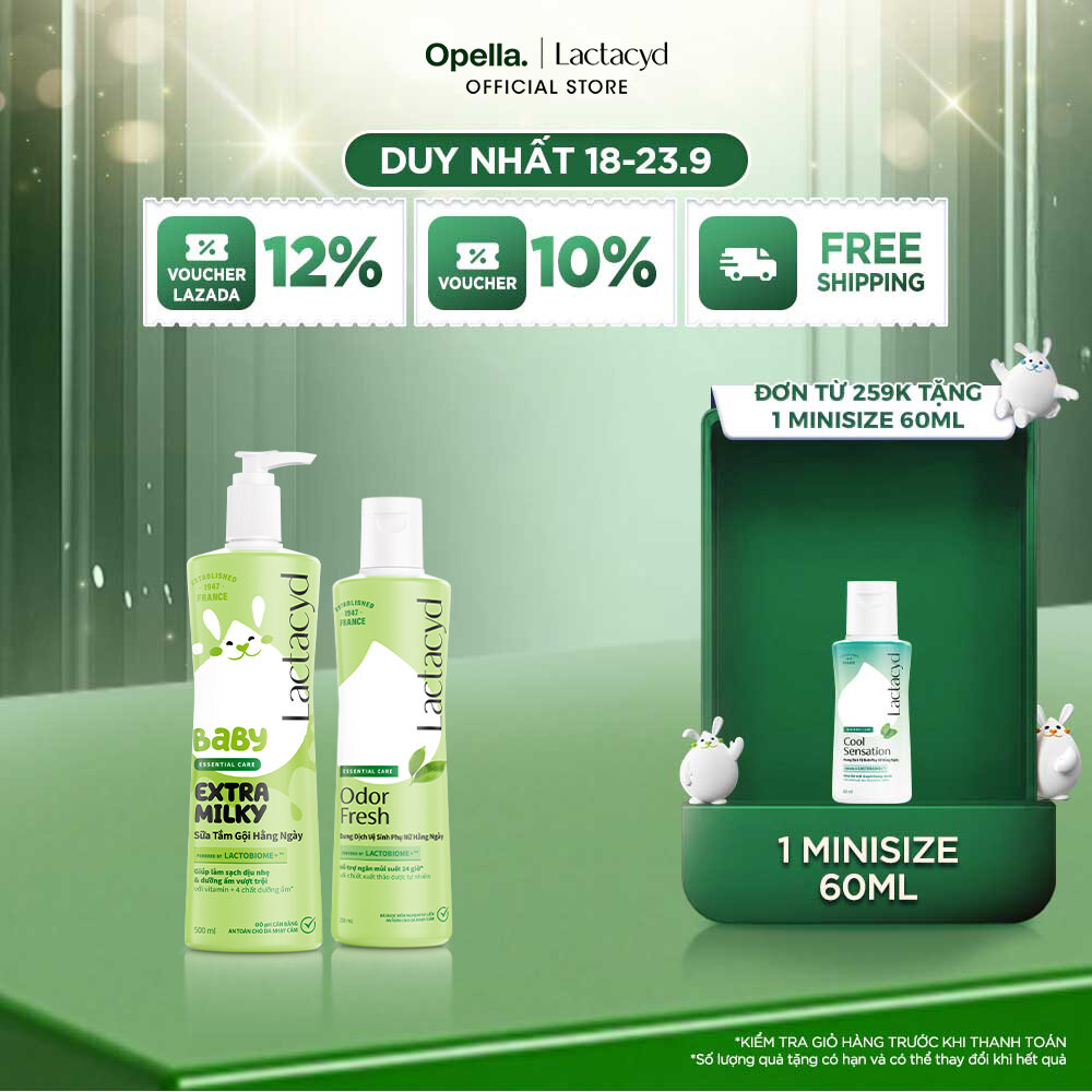 Bộ Dung Dịch Vệ Sinh Phụ Nữ Lactacyd Odor Fresh Ngăn Mùi 24H 250ml + Sữa Tắm Gội Trẻ em Lactacyd Baby Extra Milky 500ml