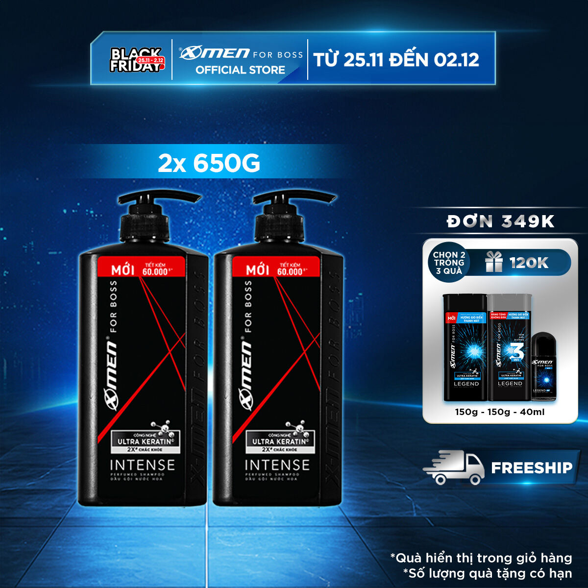 Combo 2 Dầu gội X-Men for Boss hương trầm đầy nội lực Intense với Ultra Keratin© mới 650g