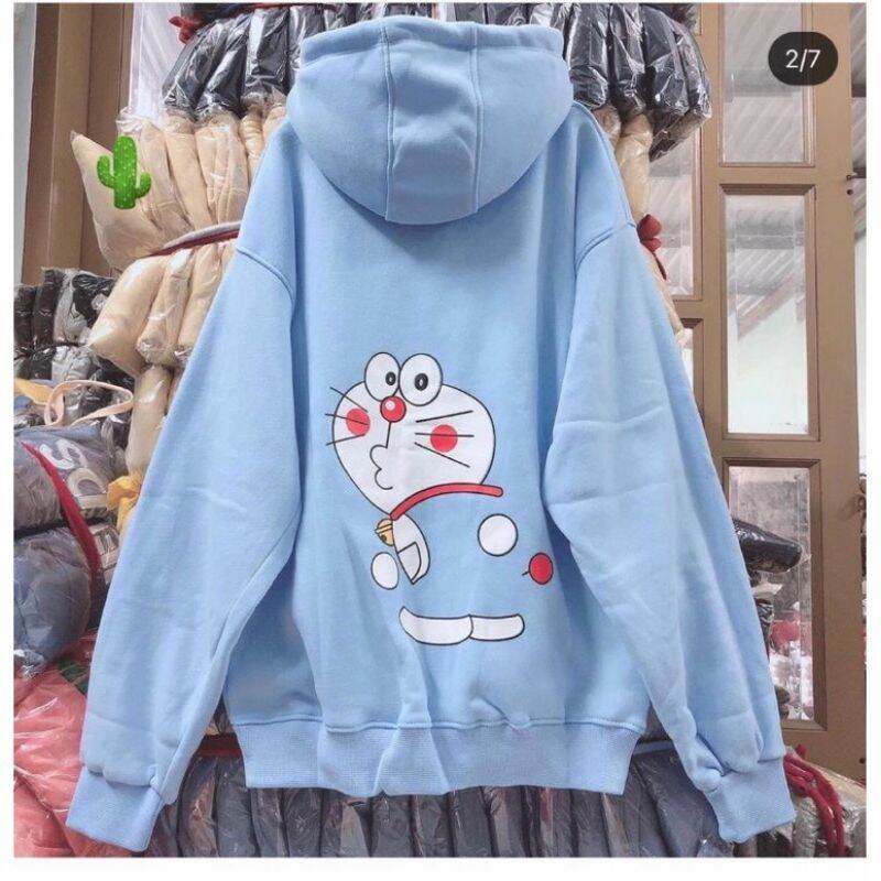 Áo hoodie unisex nam nữ chất nỉ form rộng nón to chùm đầu in hoạt hình Doremon dễ thương