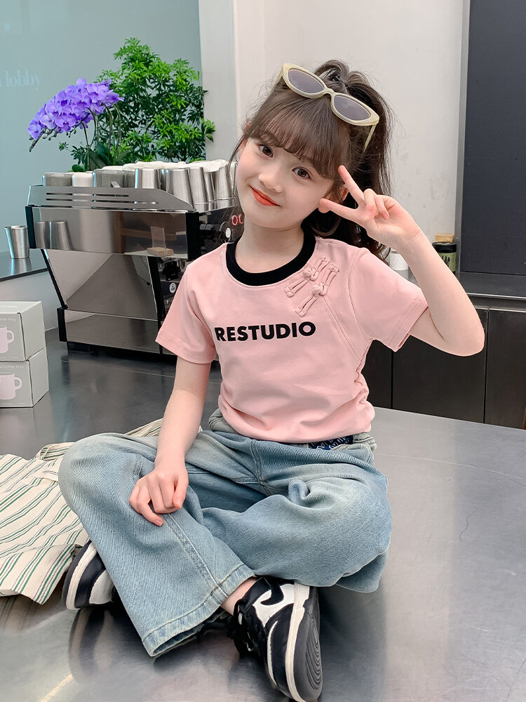 Cotton Chinese Style Short Sleeve Girls' T-Shirt