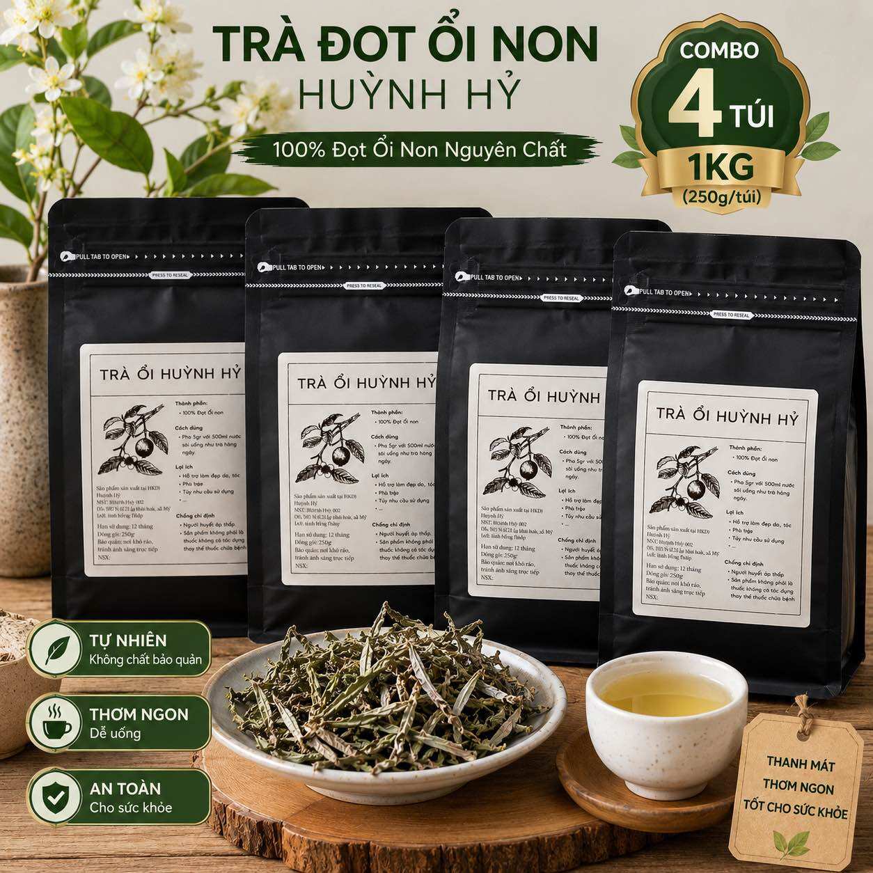 Trà đọt ổi combo 1kg (4 túi 250g/túi) - 100% Đọt ổi Non Nguyên Chất - Hương vị thơm ngon - An toàn cho sức khỏe