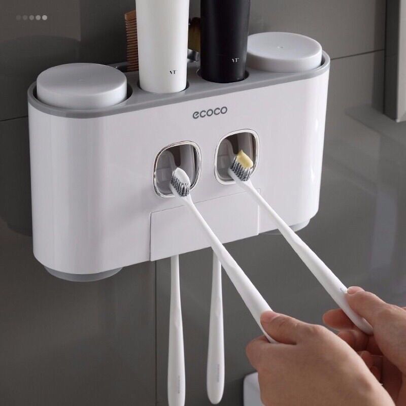 Kệ nhả kem đánh răng 4 cốc nam châm Ecoco, giá treo bàn chải kèm cốc dán tường - ECOCO 1802