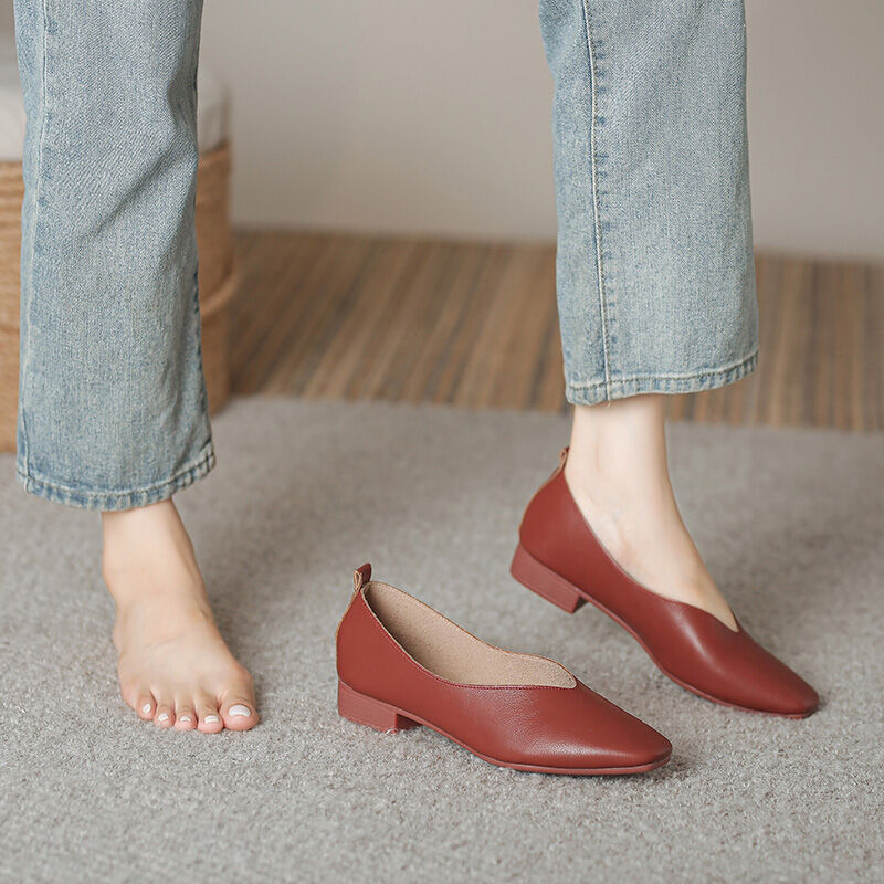 Giày công sở da bò giày nữ cỡ lớn giày cao gót đế thấp kiểu pháp 41-43 giày một lớp đầu vuông nữ đế mềm đế bằng