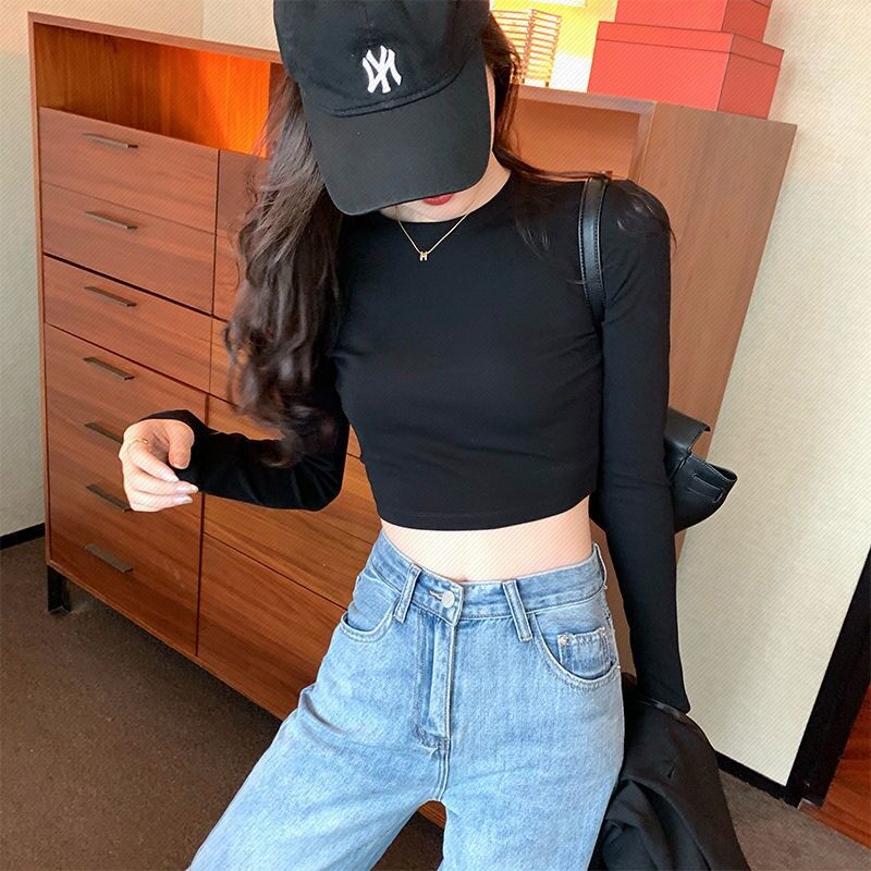 Áo croptop cổ tròn cao tay dài