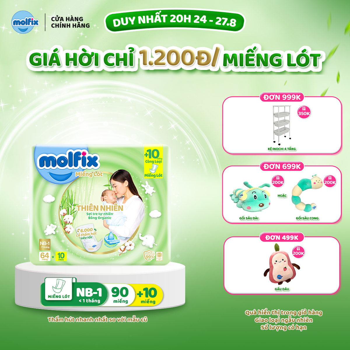 Miếng lót sơ sinh Molfix Thiên nhiên Jumbo Newborn 1 - Gói 64+10 miếng