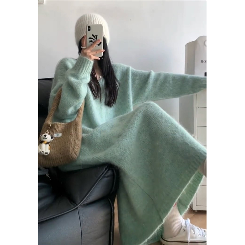 Laid-back Rộng Rãi Dài Áo Len Dệt Kim Đầm Nữ Mùa Thu Mùa Đông Mới Phong Cách Pháp Dày Dặn Lớp Đế Đầm