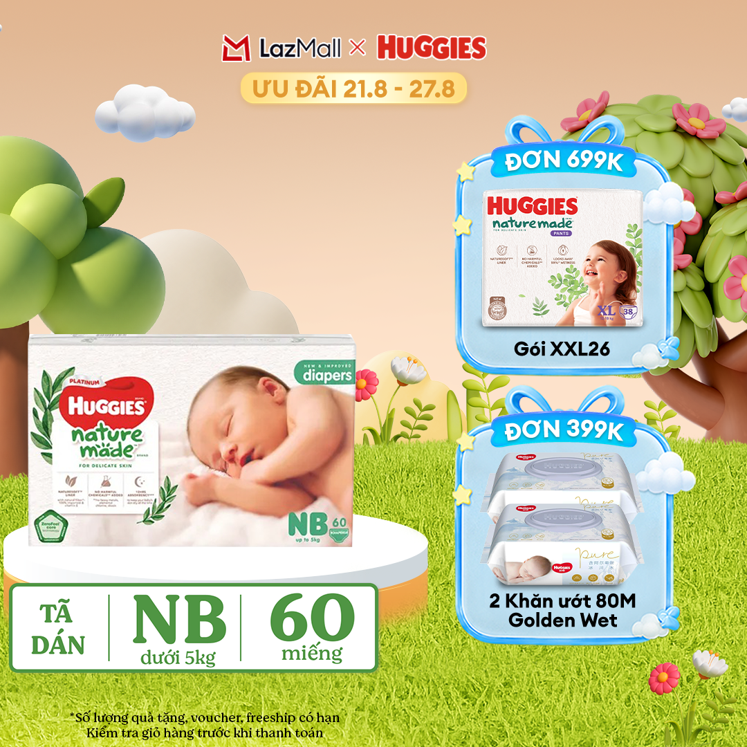 [17-24.08 QUÀ TẶNG ĐƠN 399K]  Tã/Bỉm dán sơ sinh Huggies Platinum NatureMade NB60 (dưới 5kg)-Gói Jumbo 60 miếng