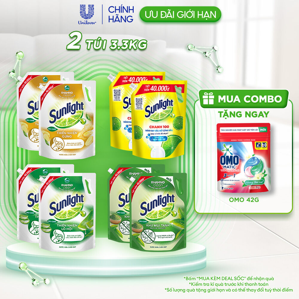 COMBO 2 Nước rửa chén Sunlight Thiên Nhiên Túi 3.3kg & Chanh Túi 3.5kg | Công nghệ Rhamno Clean | Đánh bay dầu mỡ ngay cả trên đồ nhựa
