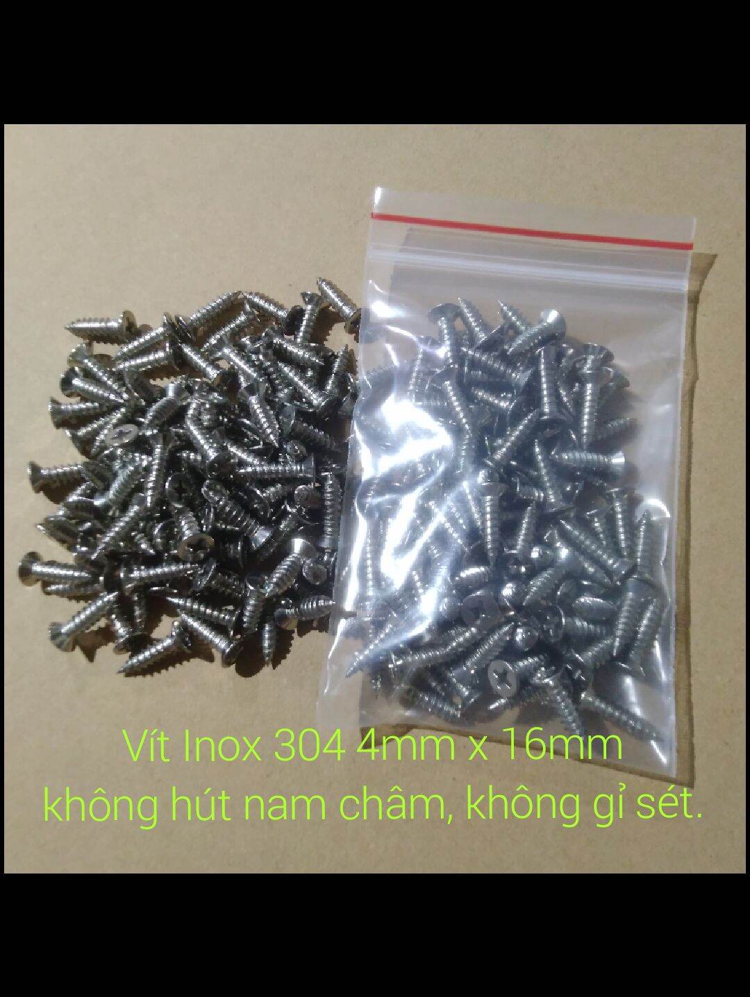 100 Vít Inox 304 4x16 không hút nam châm.(một ít có thể hút nhẹ là do va đập sinh từ tính không ảnh hưởng đến inox)  không gỉ sét. đầu côn.