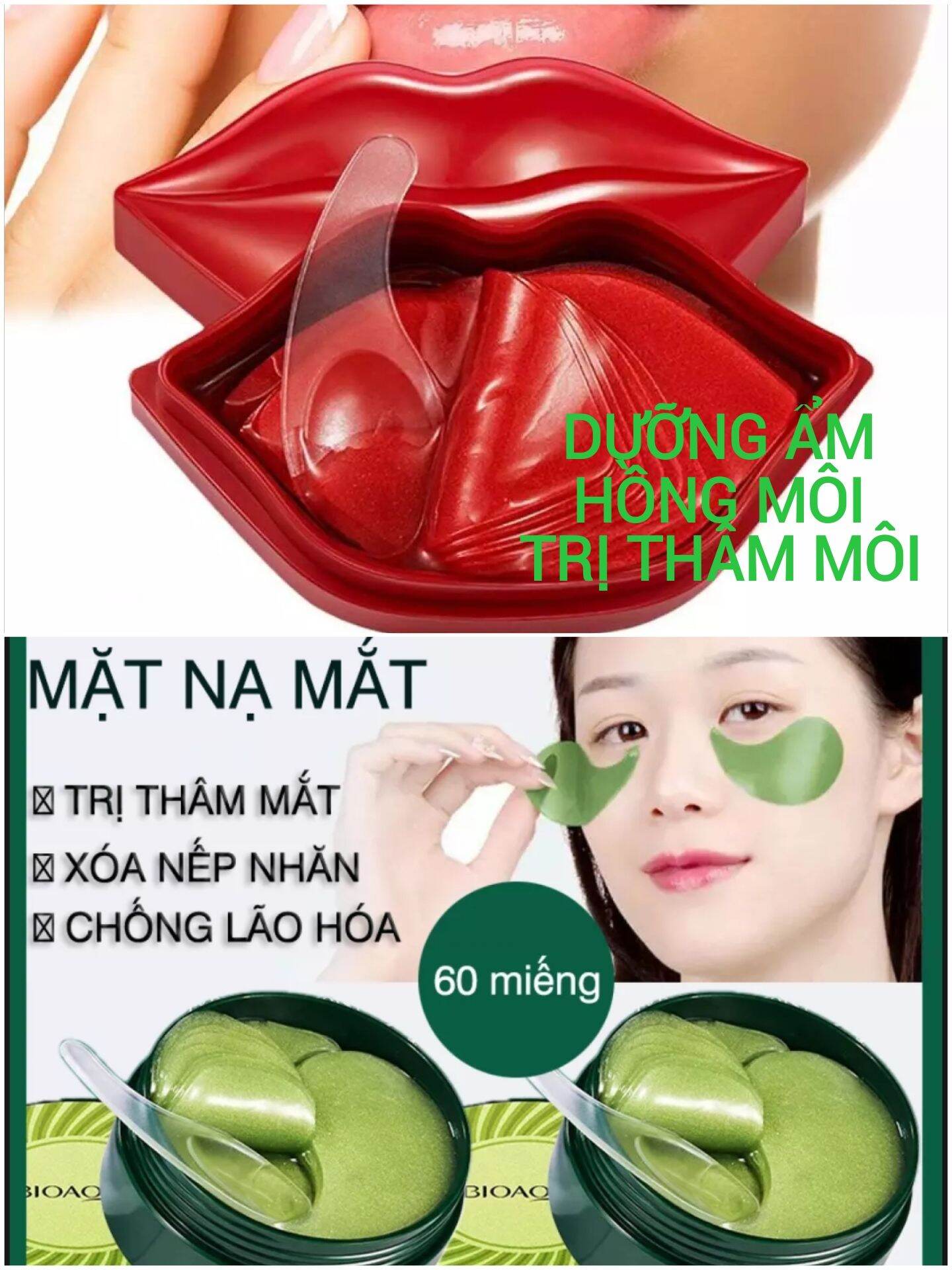 Hộp 60 miếng nạ mắt tảo biển bioaqua + hộp 20 miếng nạ môi cherry bioaqua