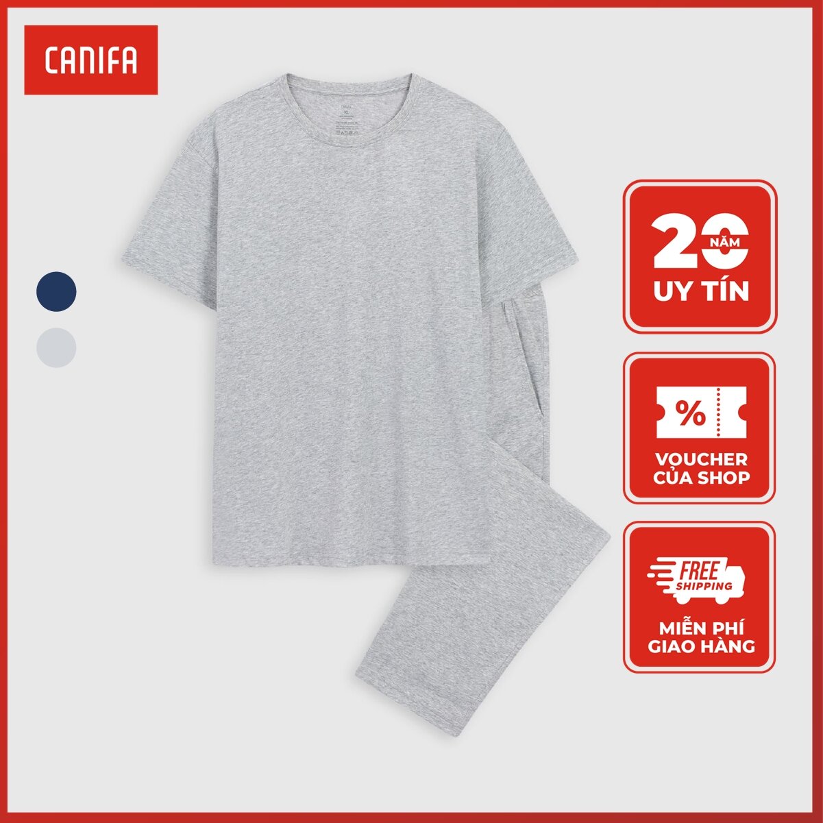 Bộ quần áo mặc nhà nam CANIFA chất polyester pha, áo cộc cổ tròn, quần dài cạp chun 8LS22W001
