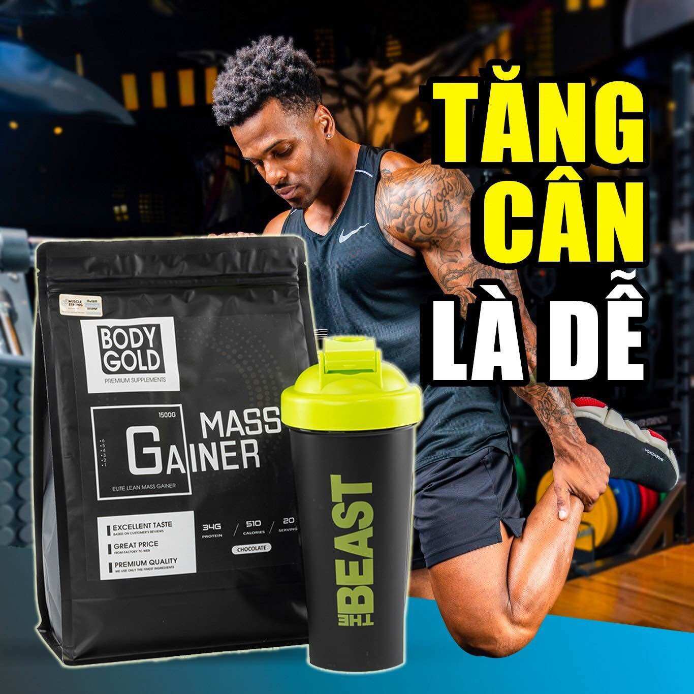 Sữa tăng cân- tăng cơ - mass gainer hight protein body gold túi 1,5kg + tặng bình lắc