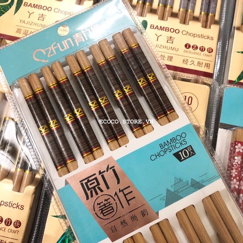 Vỉ 10 đôi đũa tre kháng khuẩn nhiều hoạ tiết