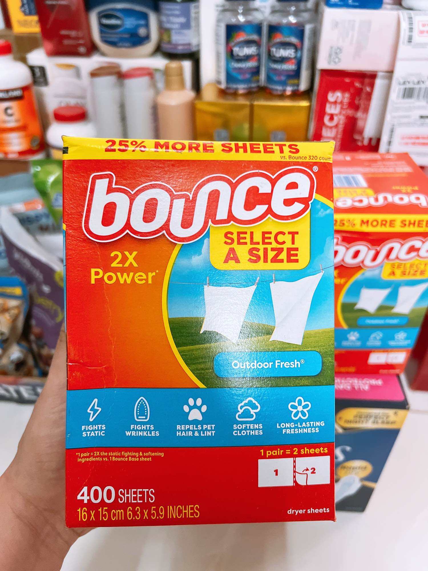 400 tờ Giấy sấy thơm quần áo Bounce Outdoor Fresh Dryer Sheet 2X Power của Mỹ.