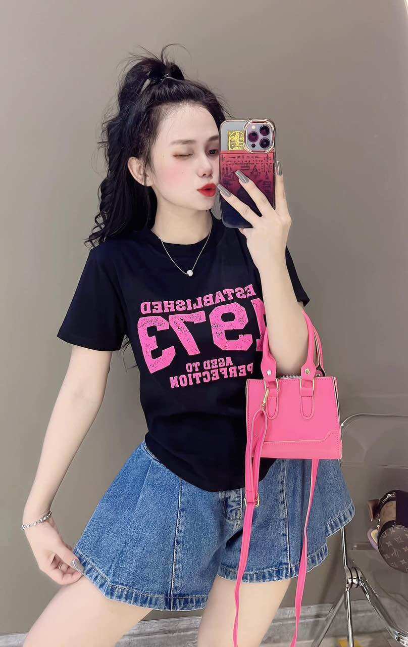 Áo thun nữ dáng ôm phối chữ nổi ( Mã 1973 dưới 55kg )