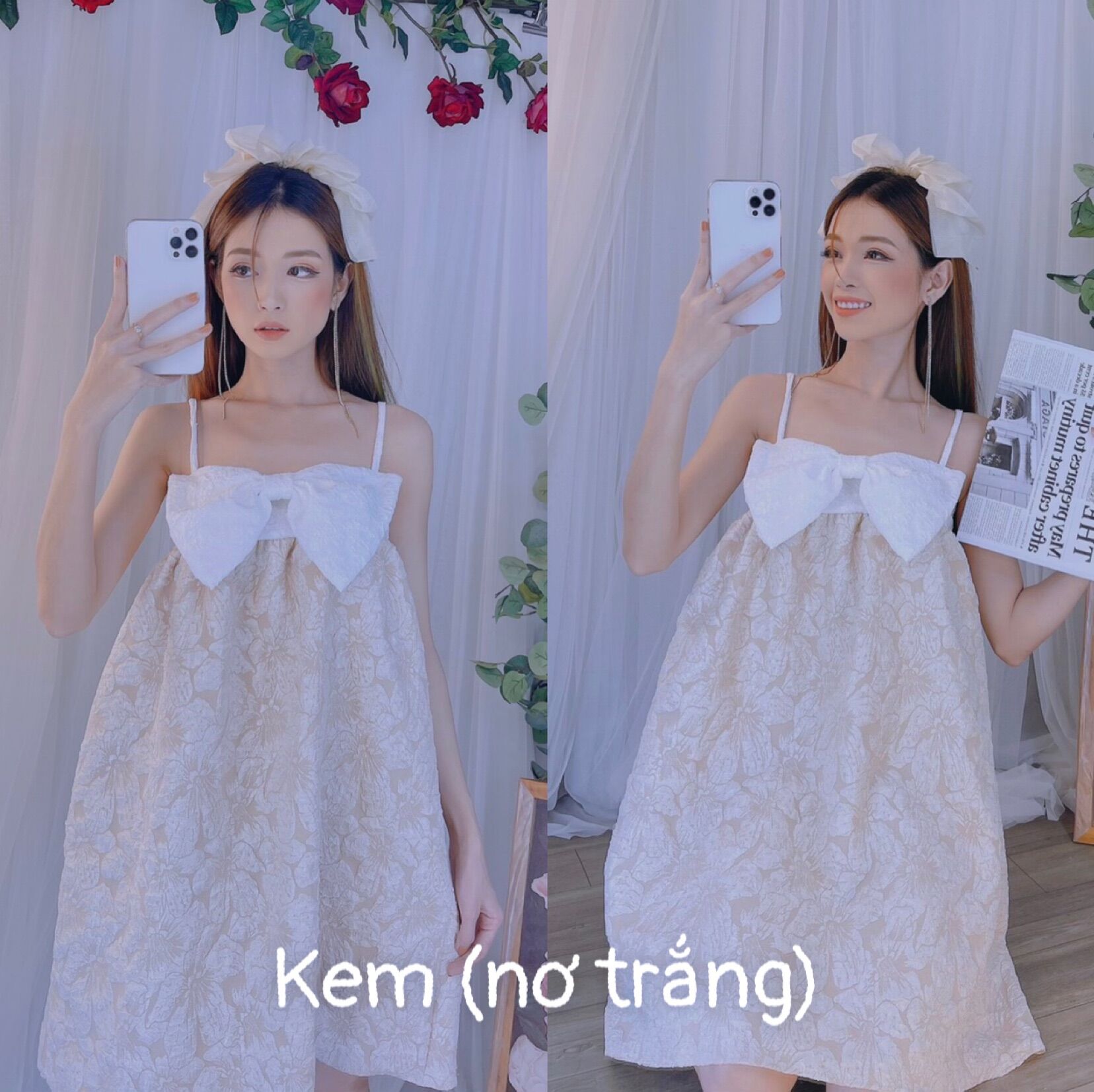 Đầm hai dây phối nơ chất gấm hoa cao cấp siêu hot