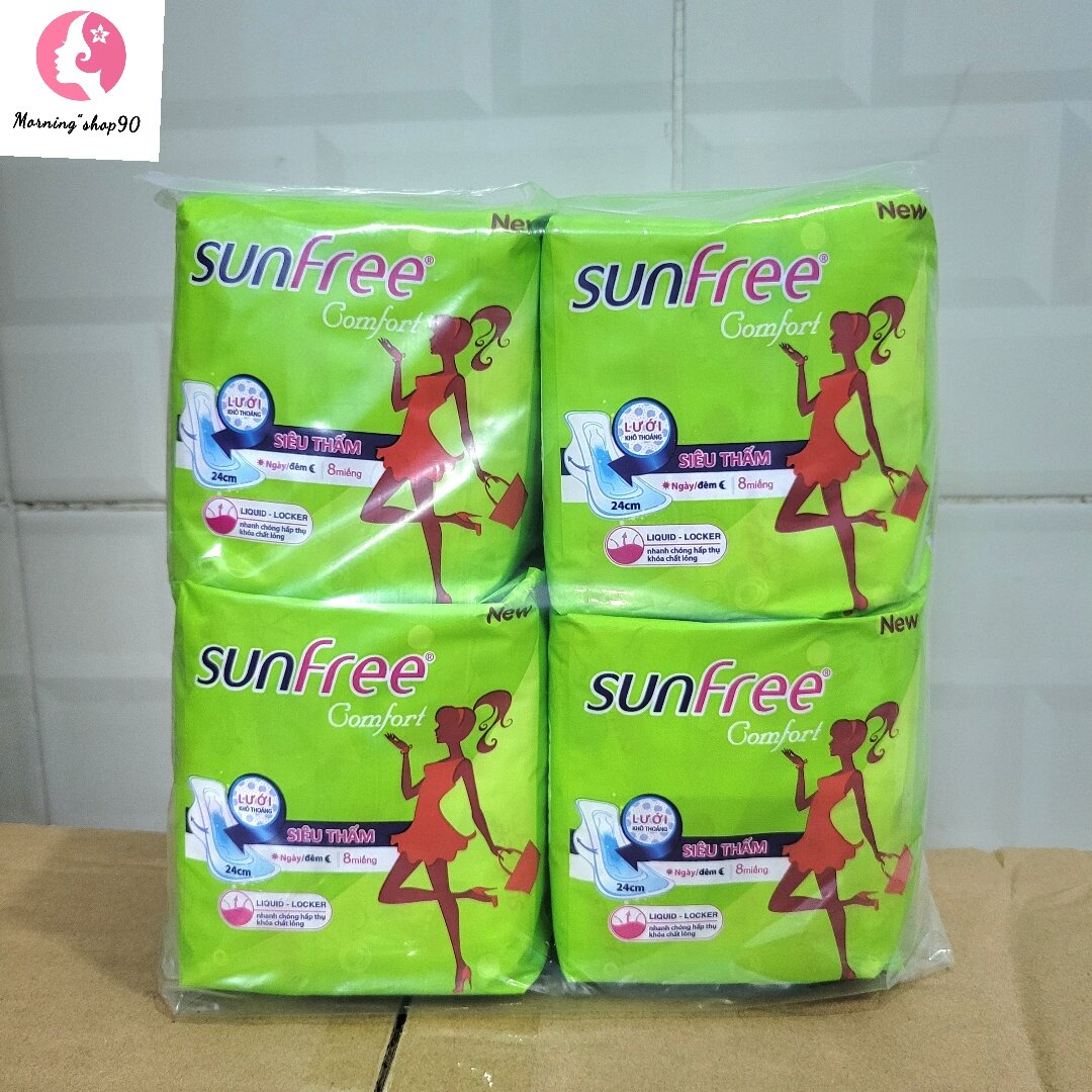 Lốc 8 gói Băng Vệ Sinh Sunfree Có Cánh Dài 24cm Không hương