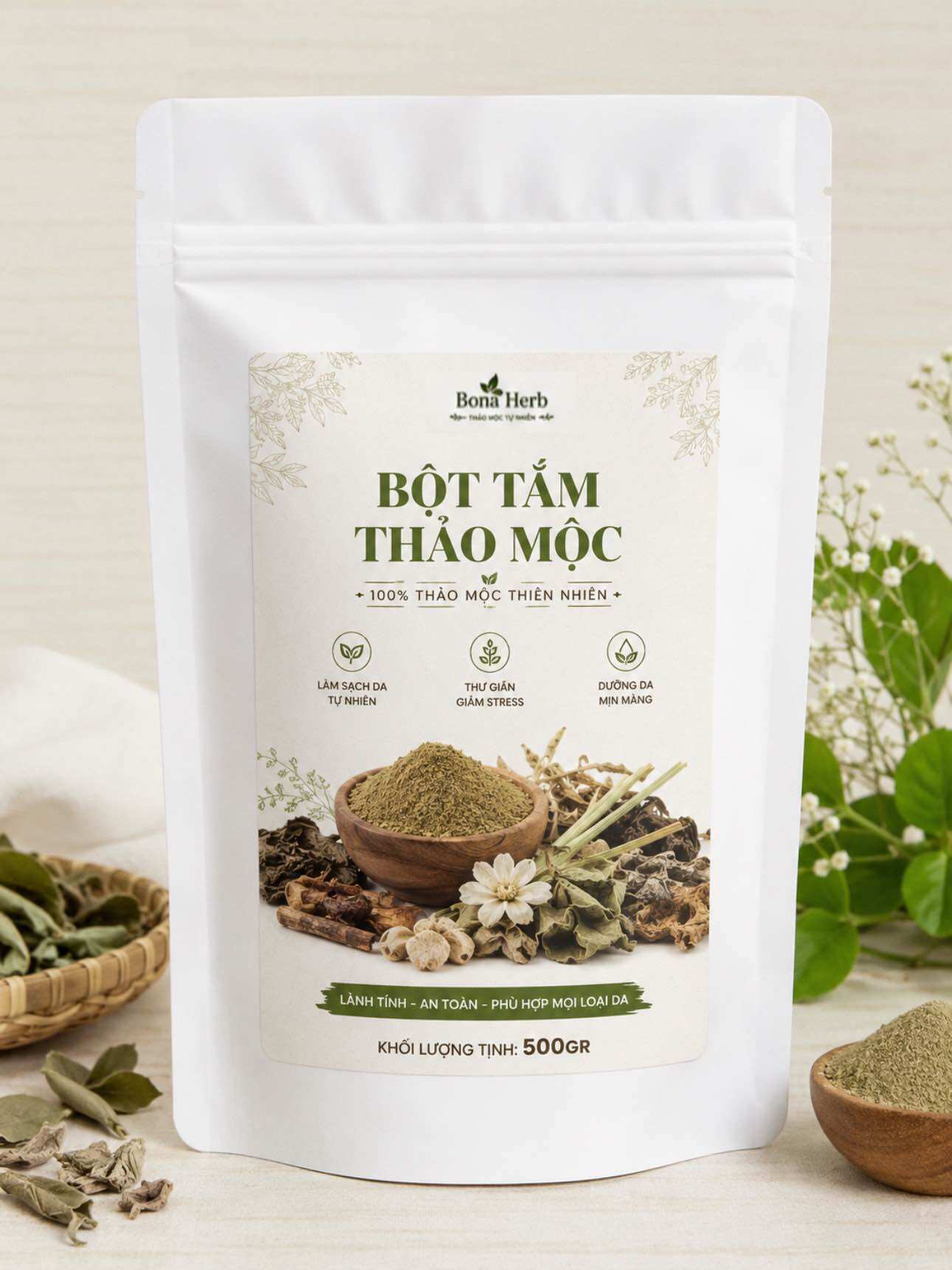 [ túi 500gr] BỘT TẮM TRẮNG THẢO MỘC BONA HERB