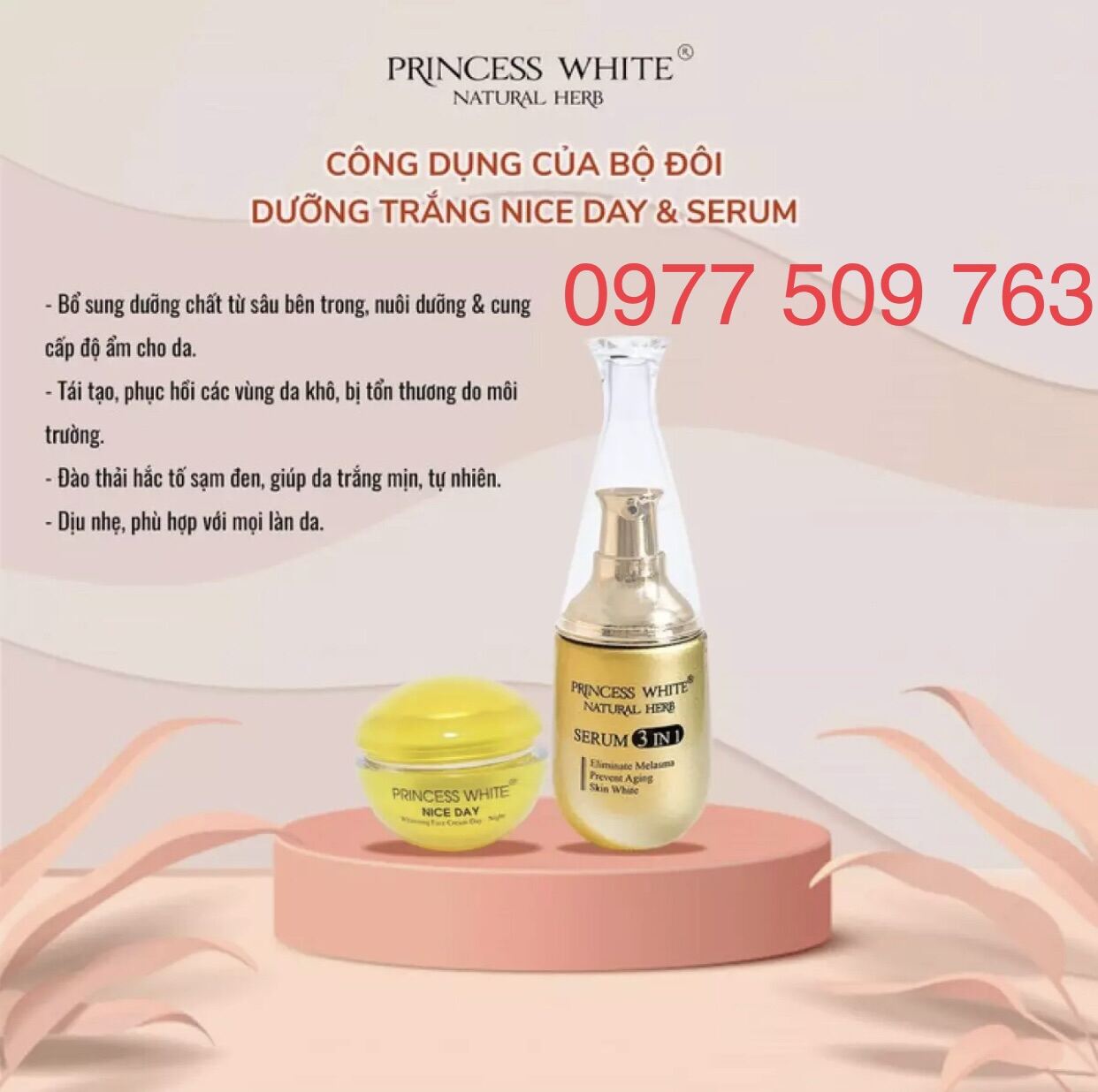 Bộ kem NICE DAY+Serum 3in1 Princess White 40ml dưỡng trắng da giữ ẩm se