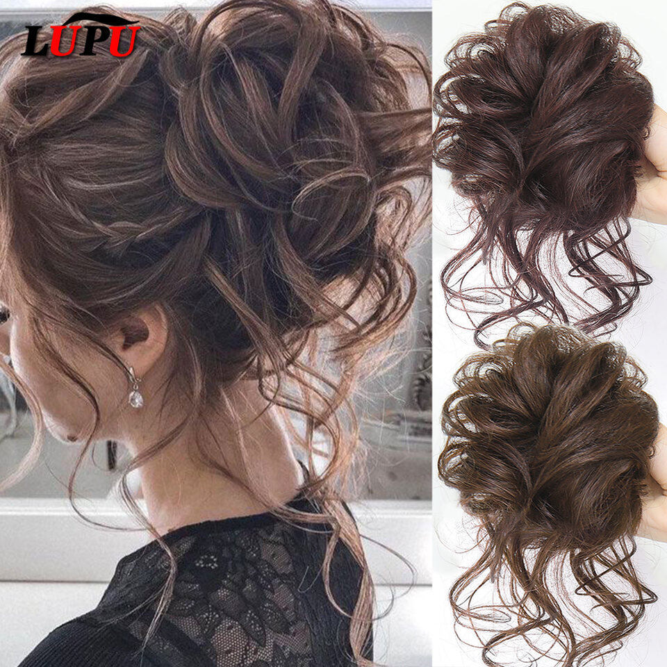 Lupu Tổng Hợp Búi Tóc Chignon Xoăn Lộn Xộn Band Đàn Hồi Scrunchy Giả Tóc Nữ Bộ Tóc Giả, Màu Đen Và Nâu, Sợi Nhiệt Độ Cao, Có Thể Uốn, Màu Tinh Khiết, Dây Cao Su Kẹp Búi Tóc