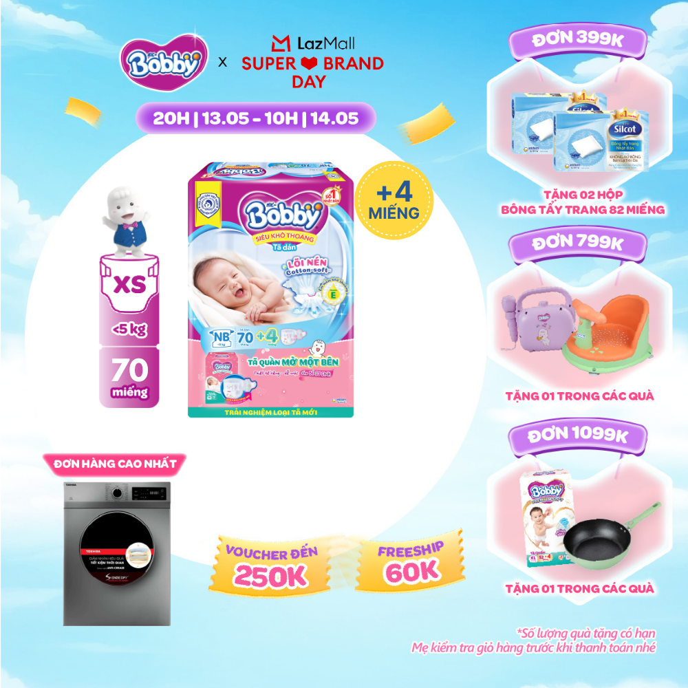[CHỈ 20h 13.05 QT Đơn 899K/1199K]Tã dán Sơ sinh Bobby XS70 mới + tặng kèm 4 miếng tã quần mở một bên size NB/NB-S