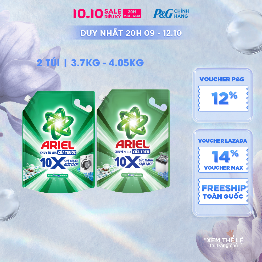 [Voucher 12%] Combo 2 Nước Giặt Gel ARIEL 10X Sức Mạnh Giặt Sạch Chuyên Gia Cửa Trước-Cửa Trên Hương Downy Nắng Sớm Túi 3.7KG/ 4.05KG
