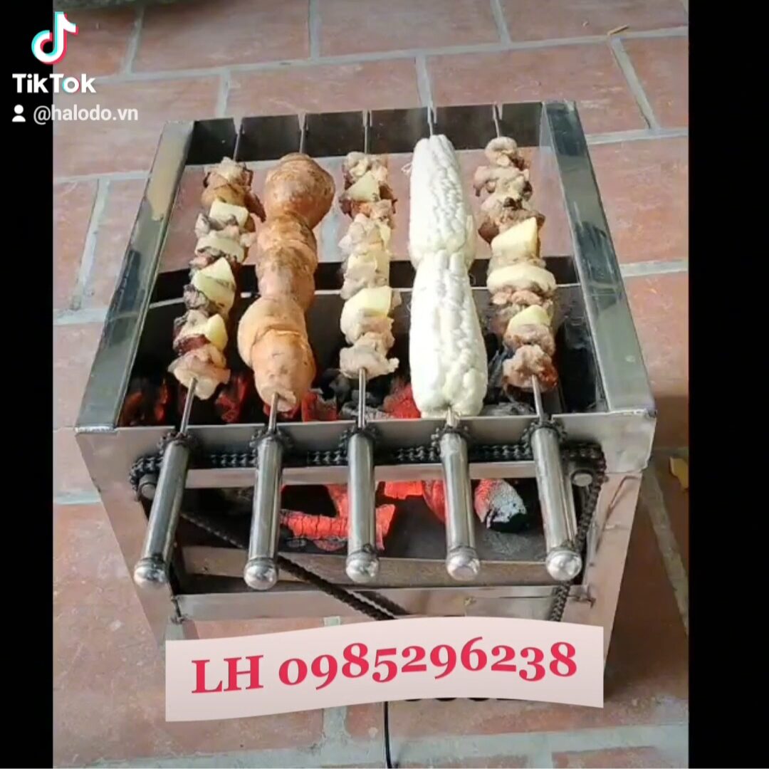 Bếp nướng than hoa inox máy nướng thịt chả lò quay gà vịt mini mô tơ tự động - Tặng 5 xiên đơn 1 xiên 3 inox