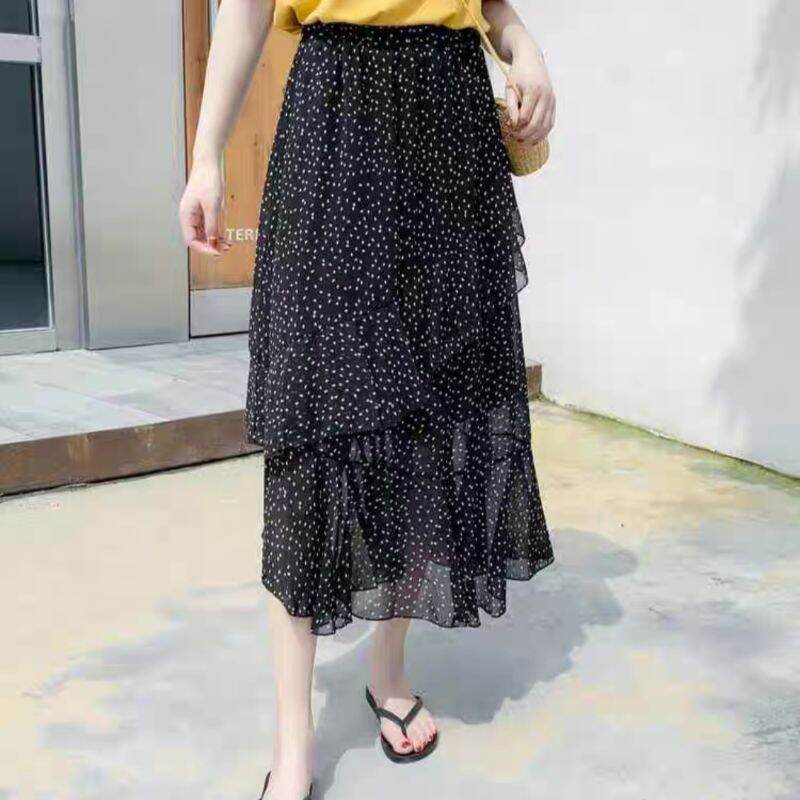 chân váy chấm bi bèo chéo dáng dài